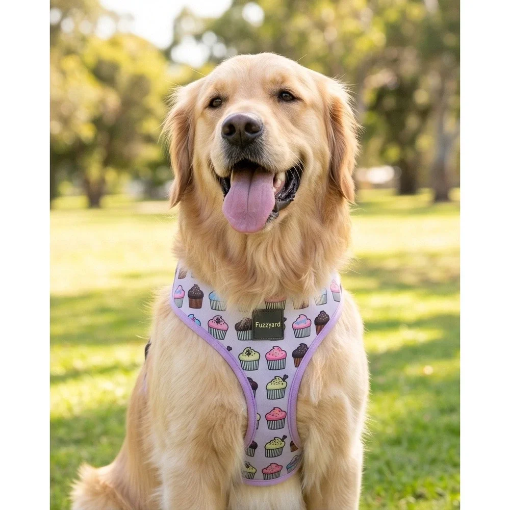 FuzzYard Dog Harness Large Cupcake Print Purple Trim Adjustable Soft Halter